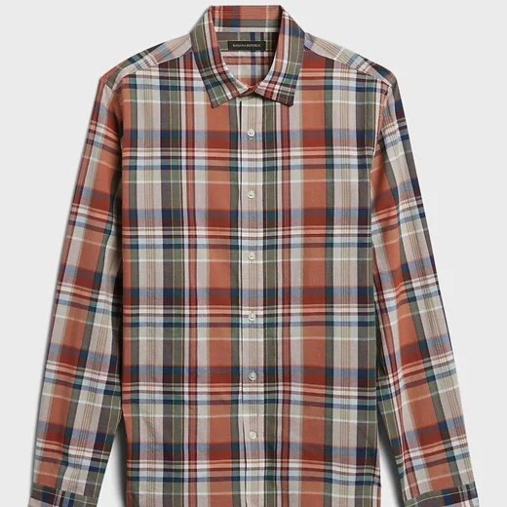 Banana Republic Untucked Slim Organic Red Plaid Cotton Shirt